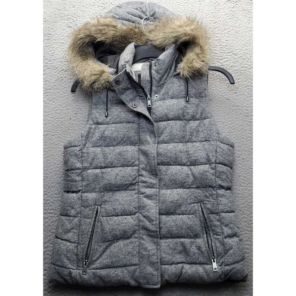 Banana Republic Puffer Vest Womens Small Multi Faux Fur Hooded Snap Inside Zip